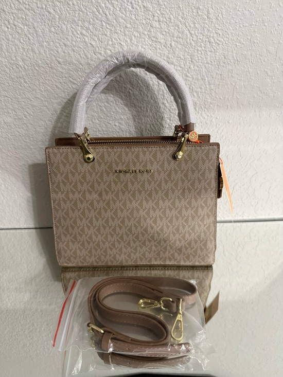 Michael Kors Handbags - Michael Kors Beige Logo-Print Small Satchel with Gold Hardware NEW